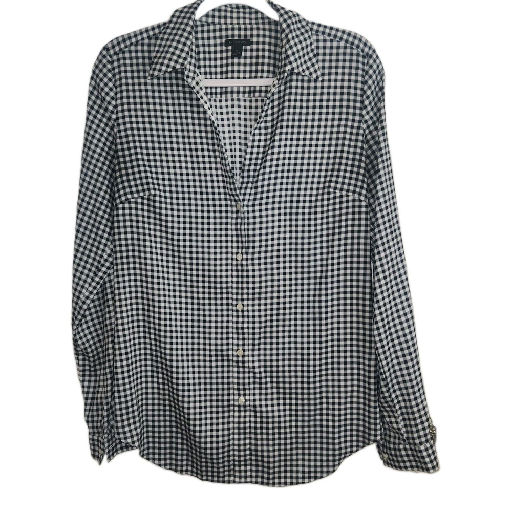Ann Taylor Medium Tall MT Gingham Shirt Long Sleeve Button Front Black White